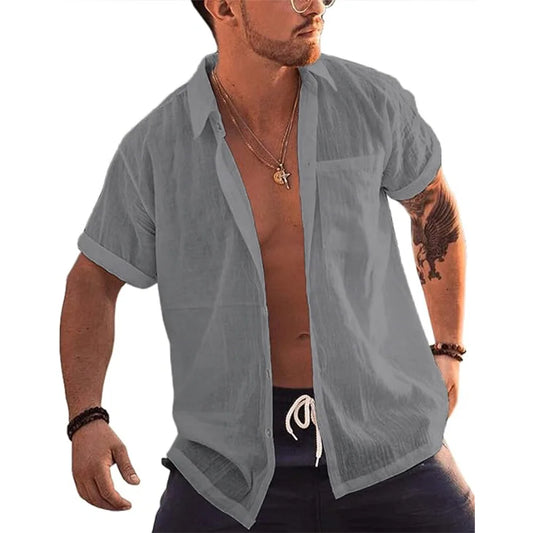 Mens Short Sleeve Button Up Shirts Linen Cotton Beach Tops Turn Down Collar Summer T Shirt with Pocket - MANDOTOS