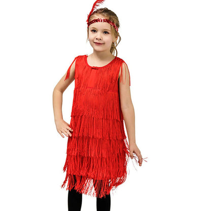 Girl Party Dress Girls Flapper Dress Carnival Sequins Fringe Latin Dance Dress Tassel Tango Dress Ballroom Costume With Feather - MANDOTOS