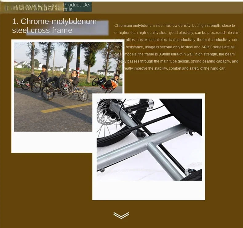 Lying on a tricycle, 3 shifting disc brakes, folding on a recumbent bike, casual commuting, riding a recumbent bicycle