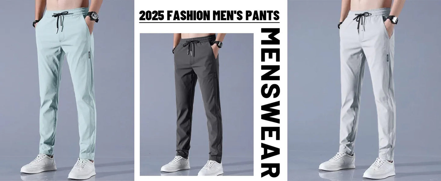 Men Fast Dry Stretch Pants Ice Silk Trousers Solid Color Mid-Waist Loose Breathable Straight-Leg Casual Pants Thin Sports Pants