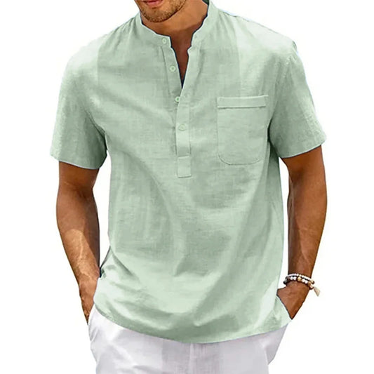 Cotton Linen Shirt Men Henley Neck Pocket Casual Beach Short Sleeve Solid Color Male Tops T-shirts Vintage Streetwear - MANDOTOS