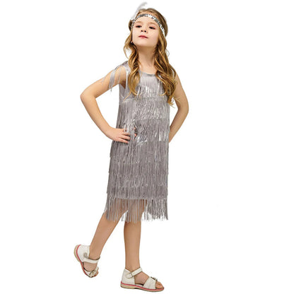 Girl Party Dress Girls Flapper Dress Carnival Sequins Fringe Latin Dance Dress Tassel Tango Dress Ballroom Costume With Feather - MANDOTOS