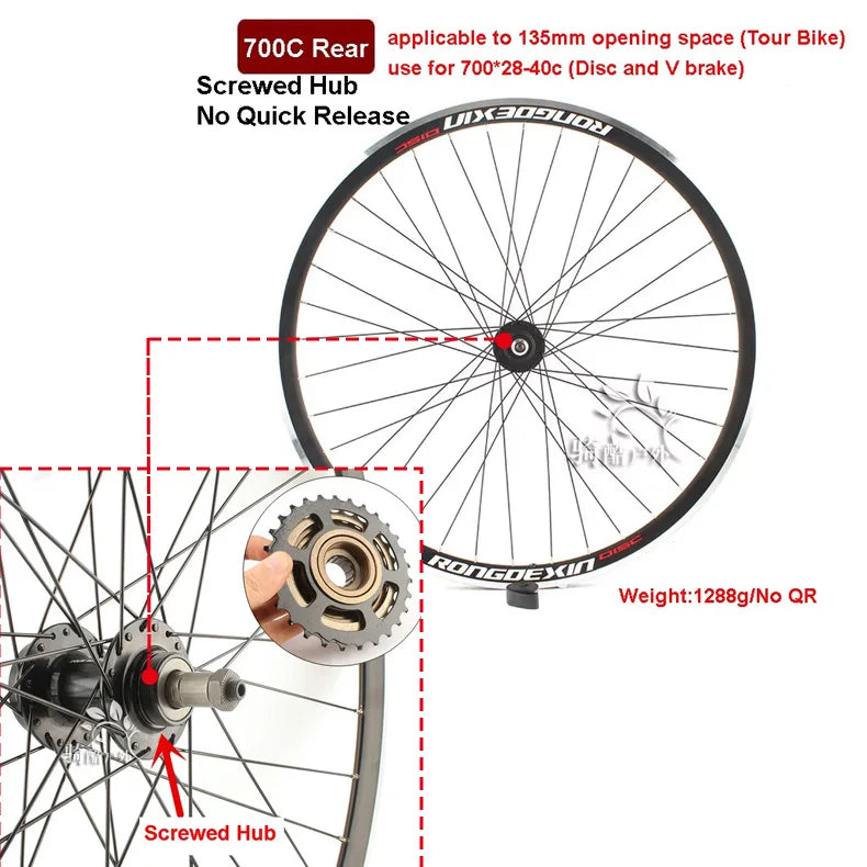 Cruiser Tour Bike Wheelset, Double Deck Rim, Front Wheel Disc, V Brake, Rear Back Wheels, Cassette and Screwed Hub, 36H, 700C