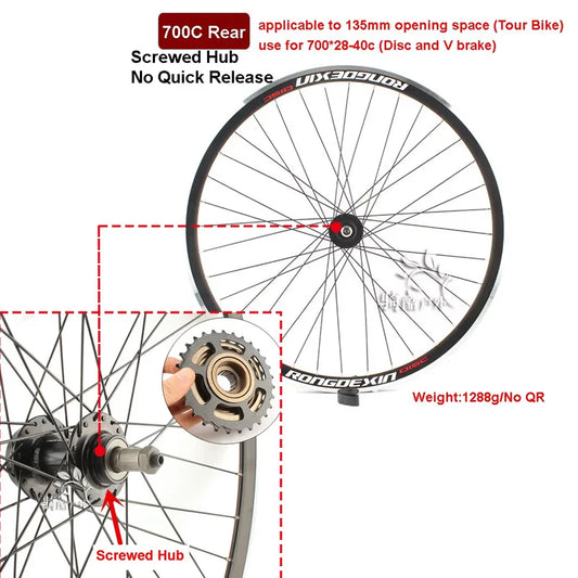 Cruiser Tour Bike Wheelset, Double Deck Rim, Front Wheel Disc, V Brake, Rear Back Wheels, Cassette and Screwed Hub, 36H, 700C