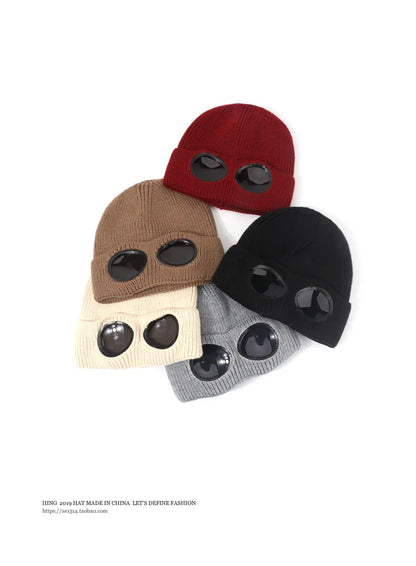 Brimless Hat With Goggles For Men And Women In Winter Hat Neutral Solid Color Skull Knitted Hat In Winter - MANDOTOS