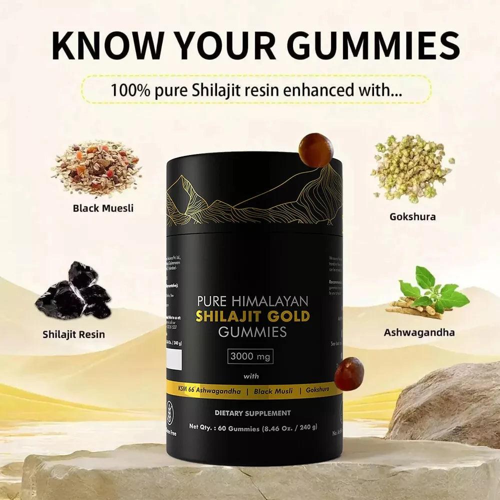 Pure Himalayan Shilajit Gummies, 3000 Mg Gold Grade Shilajit with Ashwagandha, Gokshura for Energy and Immune Support - MANDOTOS