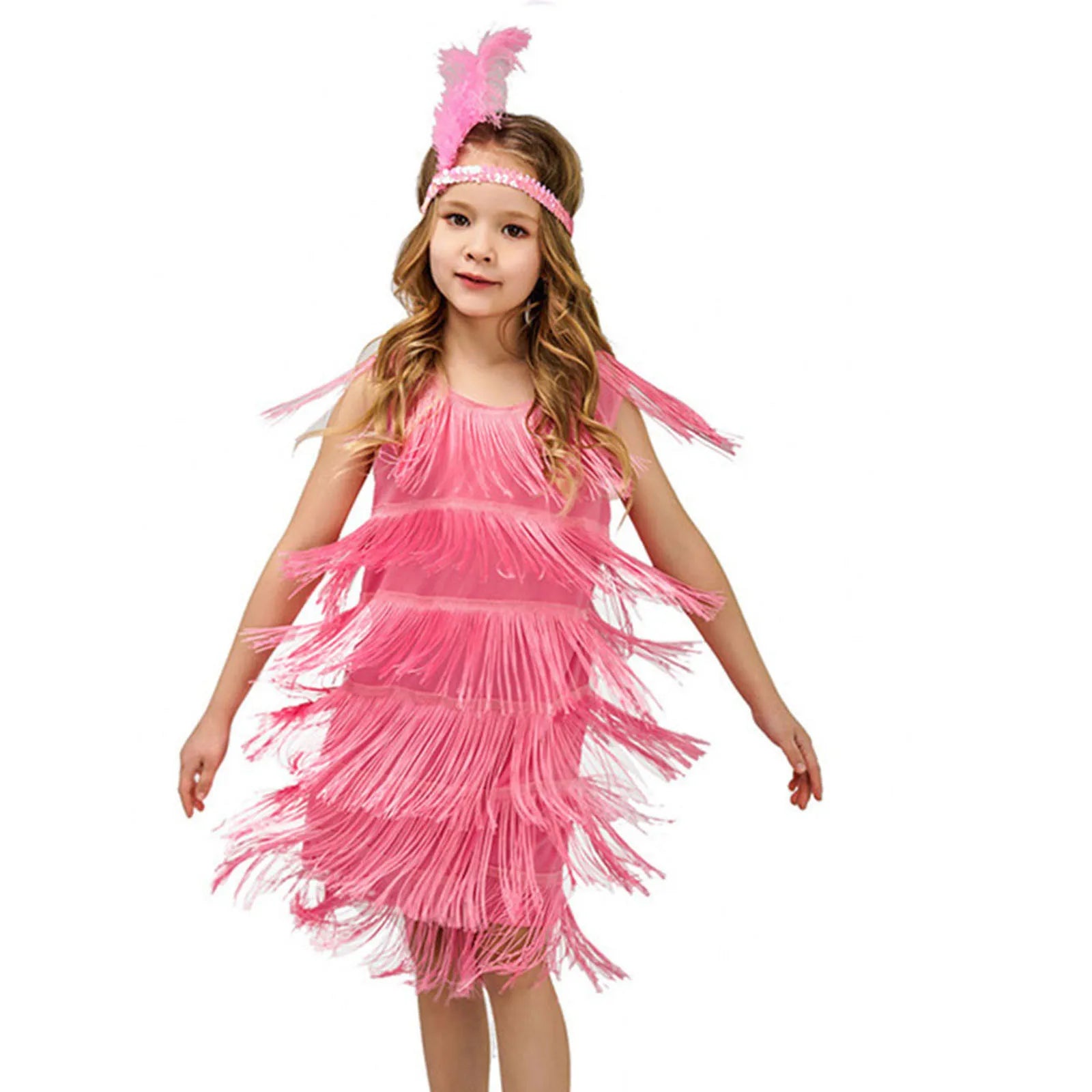 Girl Party Dress Girls Flapper Dress Carnival Sequins Fringe Latin Dance Dress Tassel Tango Dress Ballroom Costume With Feather - MANDOTOS