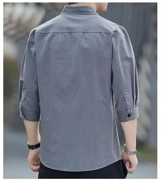 Men shirts Summer Men's clothing Short-Sleeved shirts & blouses Daily Solid Color Stand-Up Collar Casual Beach Style Male Shirt - MANDOTOS