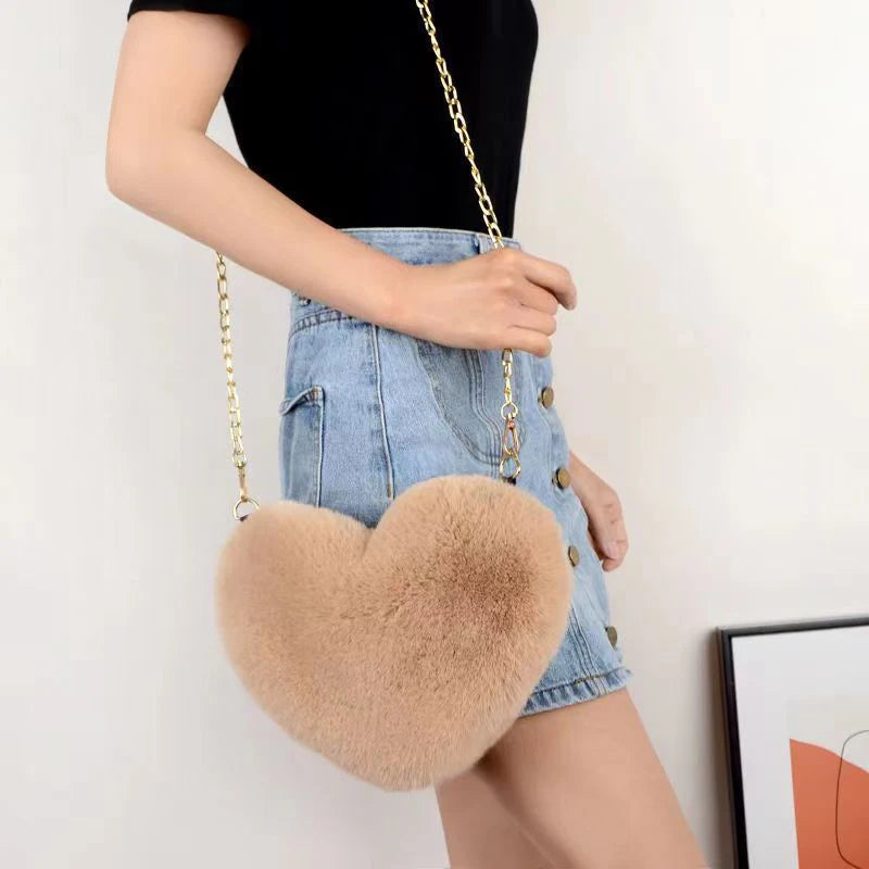 Fashion Women's Heart Shaped Handbags Cute Faux Fur Crossbody Bags Lady Soft Plush Chain Shoulder Bag Shopper Totes - MANDOTOS