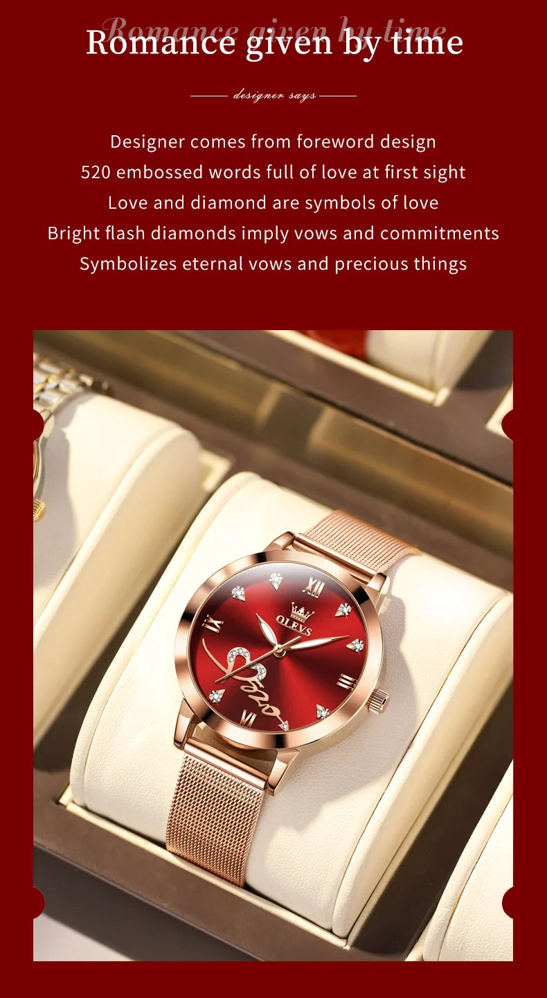 OLEVS Luxury Fashion Ladies' Watches Rose Gold Top Brand Original Quartz Watch for Women Stainless Steel Mesh Strap Love Dial