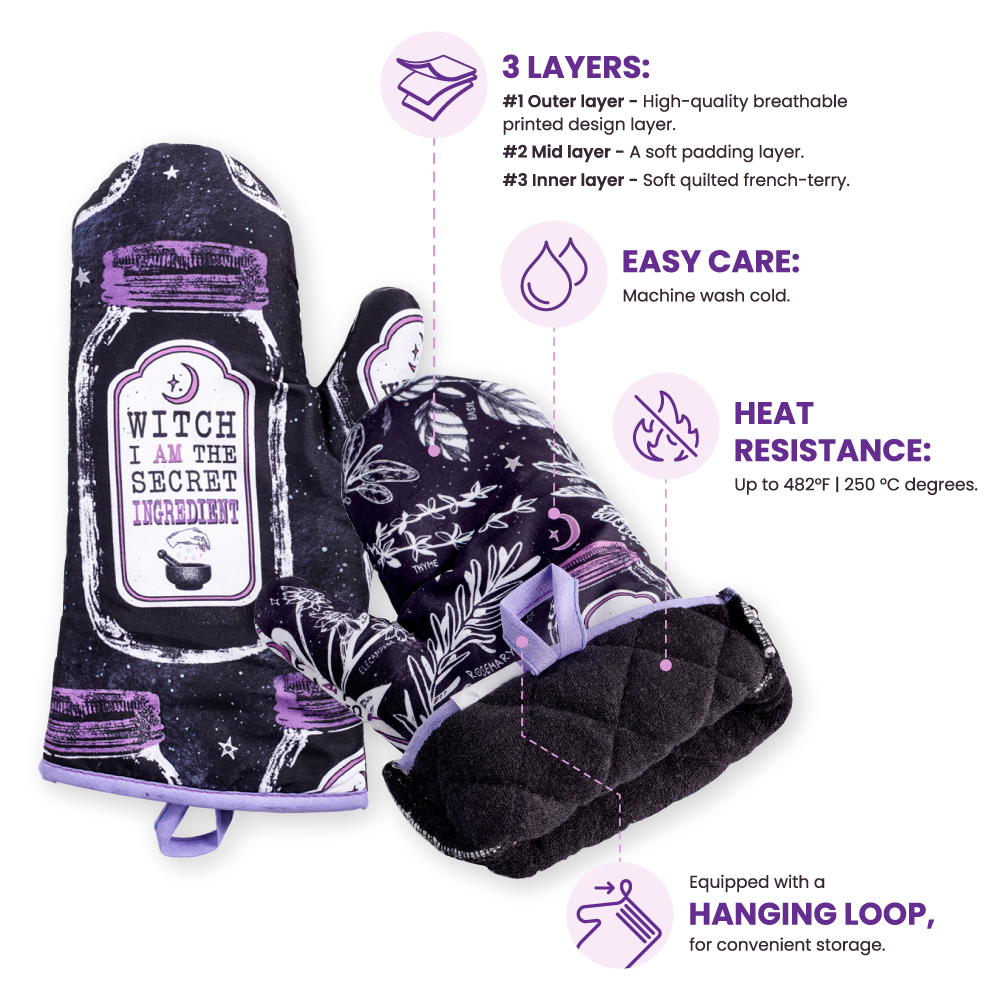 Set of 2 Witch Herbs Oven Mitt | Pot Holders Hanging Oven Gloves Set