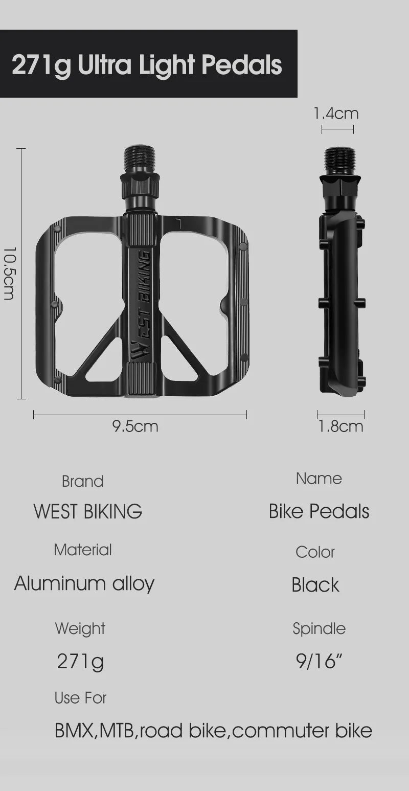 WEST BIKING Bicycle Pedals Sealed DU Bearing Nonslip Pedal Mountain Road Bike Cycling Alloy MTB Pedal Bicycle Accessories
