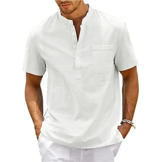 Cotton Linen Shirt Men Henley Neck Pocket Casual Beach Short Sleeve Solid Color Male Tops T-shirts Vintage Streetwear - MANDOTOS