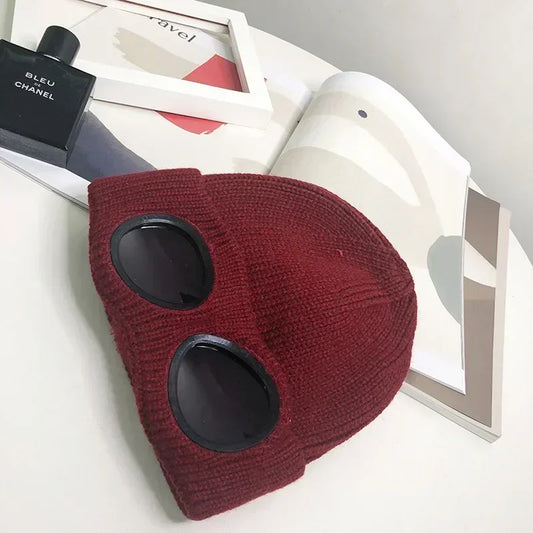 Brimless Hat With Goggles For Men And Women In Winter Hat Neutral Solid Color Skull Knitted Hat In Winter - MANDOTOS