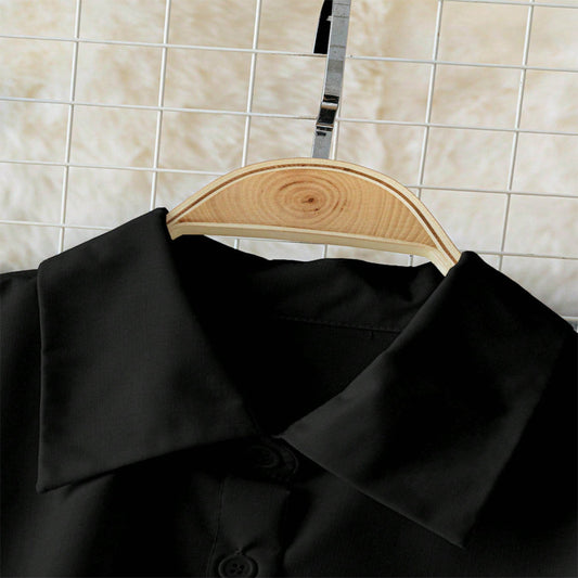 Women's Elegant Lapel Button-Down Top With Adjustable Metal Waist Belt Solid Color Loose Fit Blouse For Casual & Office Wear