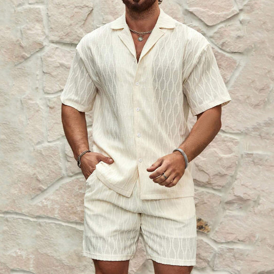 Stylish Men's Summer Tracksuit - Relaxed Fit Two-Piece Lapel Shirt & Shorts for Beach Holidays