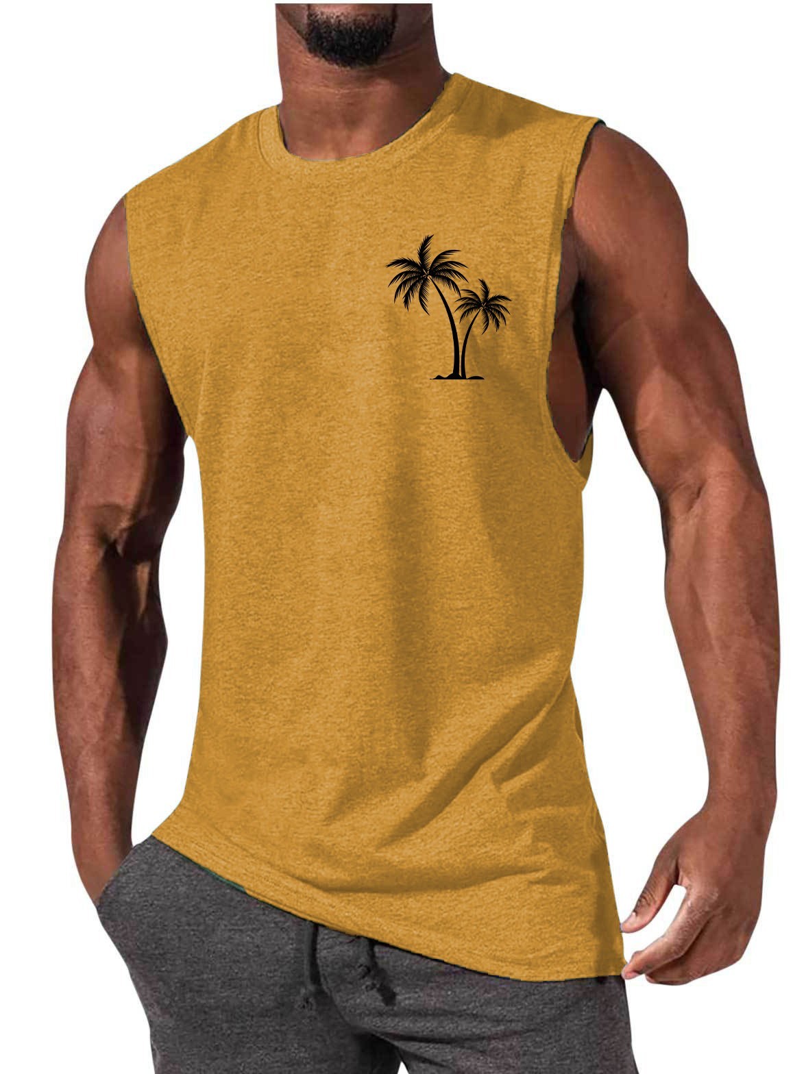 Coconut Tree Embroidery Vest Summer Beach Tank Tops Workout Muscle Men Sports Fitness T-shirt - MANDOTOS