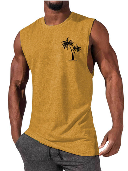 Coconut Tree Embroidery Vest Summer Beach Tank Tops Workout Muscle Men Sports Fitness T-shirt - MANDOTOS