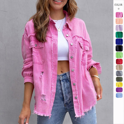 Fashion Ripped Shirt Jacket Female Autumn And Spring Casual Tops Womens Clothing - MANDOTOS