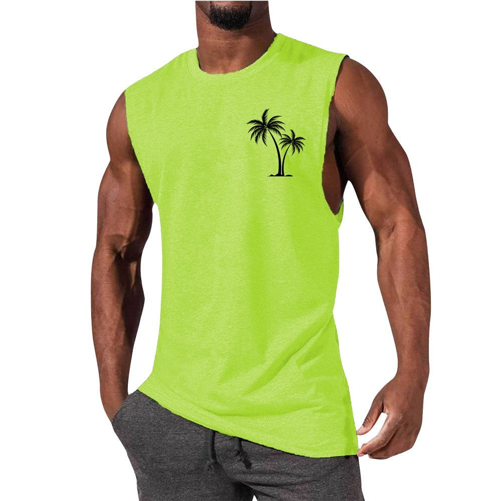 Coconut Tree Embroidery Vest Summer Beach Tank Tops Workout Muscle Men Sports Fitness T-shirt - MANDOTOS