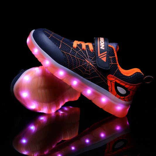 Kids' LED rechargeable glowing shoes by Ancient Energy, size 26-37, with hook loop closure and illuminated soles.