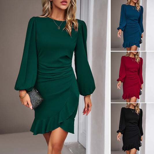 Women's Puff Long Sleeve Dresses Fashion Graceful Solid Color Slim Hip-covering Short Dress Womens Clothing