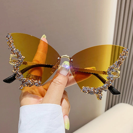 Luxury Diamond Butterfly Sunglasses Women Brand Y2K Vintage Rimless Oversized Sun Glasses Ladies Eyewear Shades - MANDOTOS