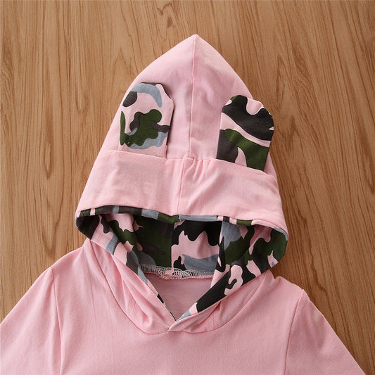 Girls camouflage hooded sweater and pants set from Ancient Energy, suitable for spring and autumn, featuring a cozy design.