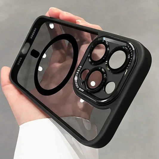 Luxury magnetic metal lens bumper case for iPhone 11-16 Pro Max and Plus, clear hard cover with wireless charging compatibility.