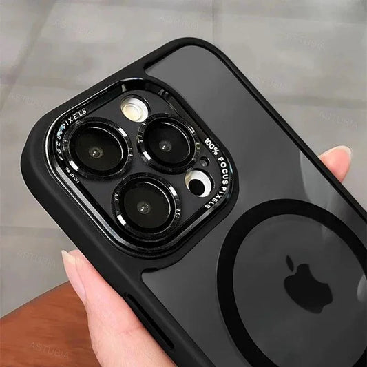 Luxury magnetic metal lens bumper protection case for iPhone 11 to 16 Pro Max, clear hard cover with wireless charging compatibility.