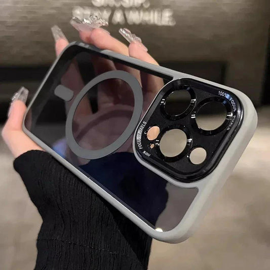 Luxury magnetic metal lens bumper protection case for iPhone 11 to 16 Plus, clear hard cover with wireless charging compatibility.