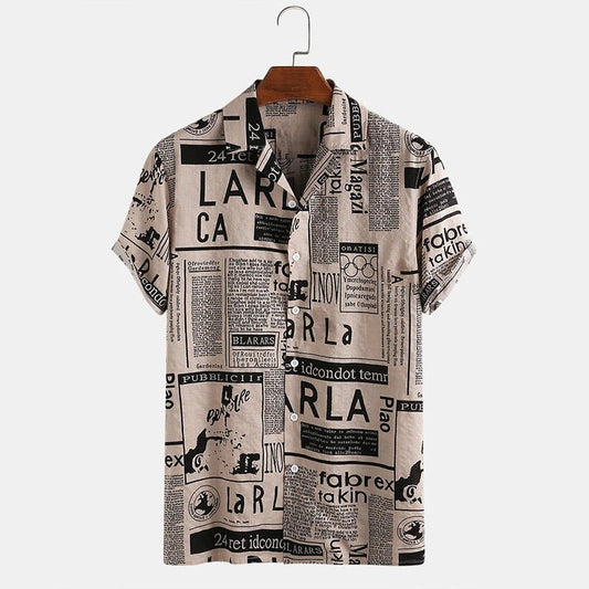 3XL men's vintage Hawaiian shirt by Ancient Energy featuring newspaper print design, casual summer shirt with tropical style.