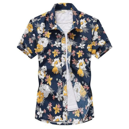 Short-sleeved Aloha shirt by Ancient Energy with vibrant tropical floral pattern, casual men's fashion chemise blouse.