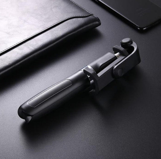 Ancient Energy Apple-compatible tripod selfie stick with Bluetooth remote, adjustable design for smartphones, black color.