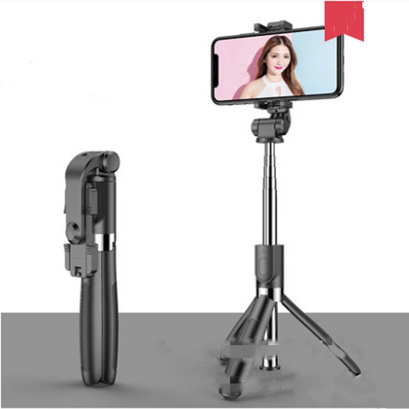 Ancient Energy Apple-compatible tripod selfie stick with Bluetooth remote for smartphones, adjustable with handle and remote control.