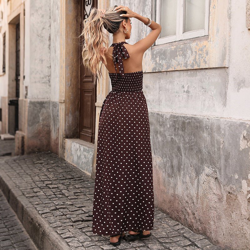 Ancient Energy women's casual dot slim V-neck long A-line midi dress, summer vintage fashion, elegant and comfortable for women.