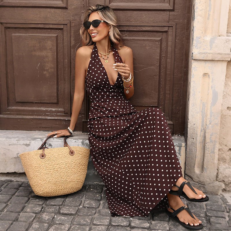 Ancient Energy casual dot slim V-neck long dress for women, summer A-line midi vintage dress with elegant style and vintage-inspired pattern.