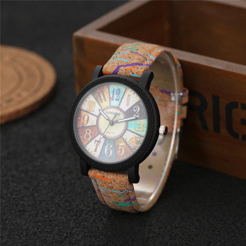 Vintage leather women's quartz wrist watch by Ancient Energy, showcasing a classic design with a round clock face and leather strap.