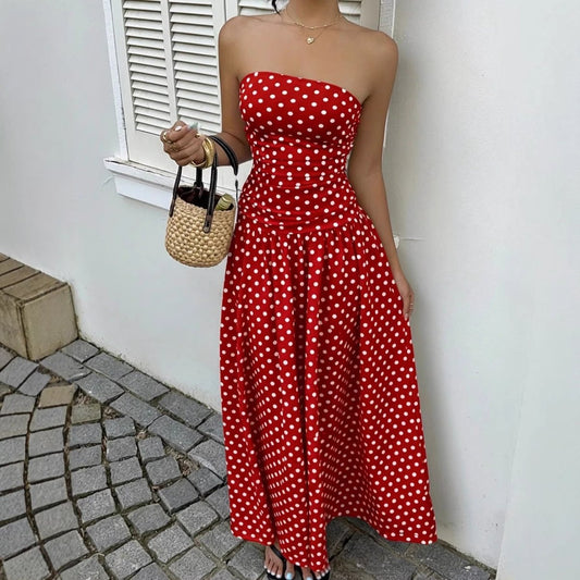 Ancient Energy elegant polka-dot off-shoulder dress for women, high-waist strapless robe perfect for parties, beach, or holiday wear.