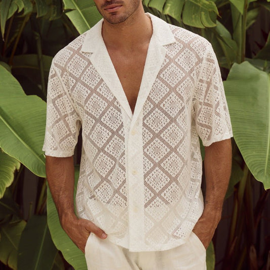 Ancient Energy men's breathable short-sleeved casual shirt with hollow-out design and lapel collar, suitable for summer wear.