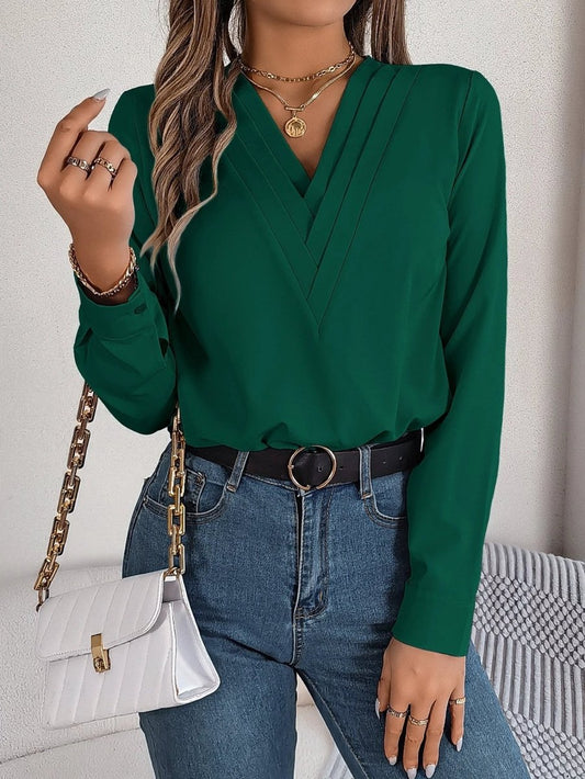 Ancient Energy women's V-neck long sleeve solid blouse, elegant office blouse for commuting and professional wear.