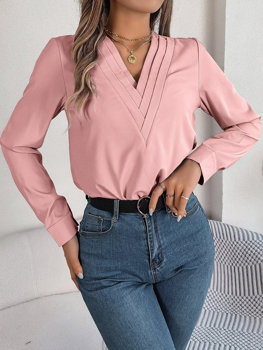 Ancient Energy women's V-neck long sleeve blouse in solid fabric, ideal for office and casual wear.