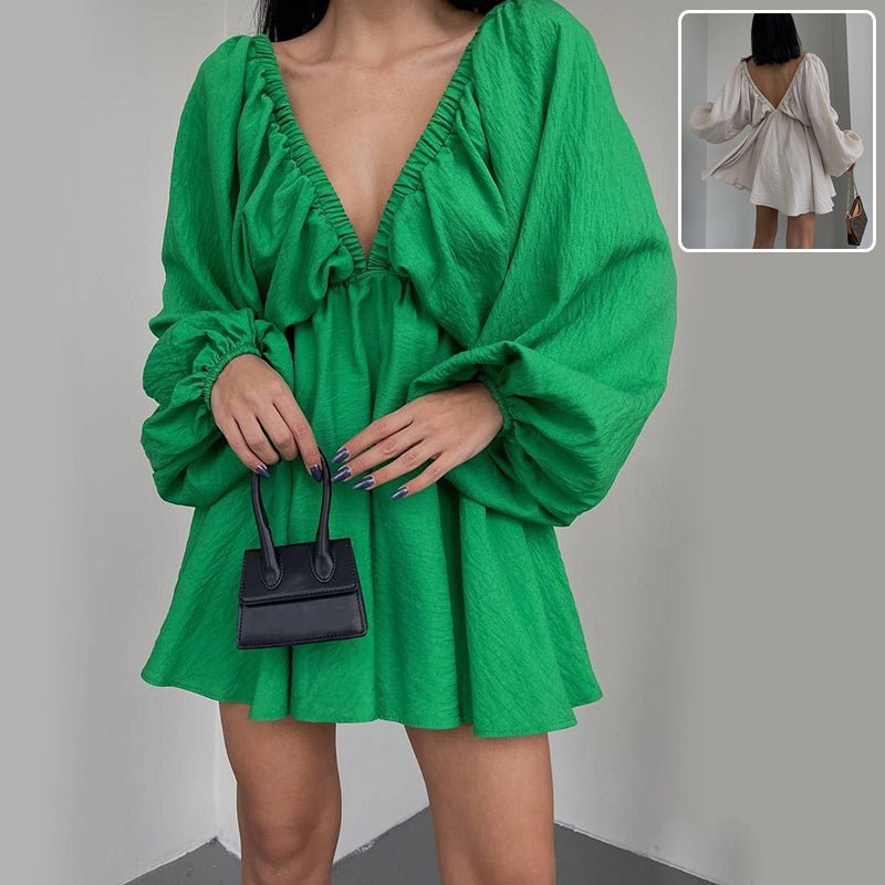 Elegant V-neck lantern sleeve dress for women by Ancient Energy, featuring a stylish fit and flowing fabric.