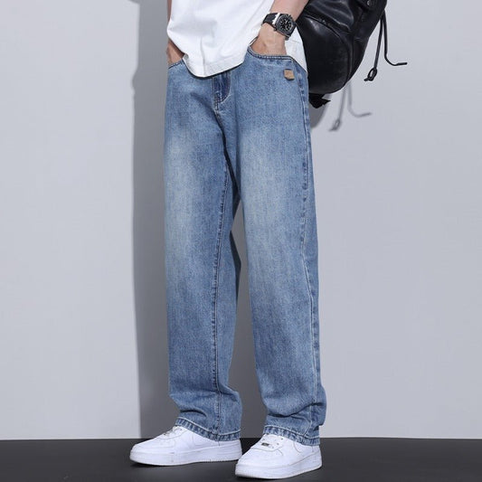 Fleece-lined American style retro men's straight-leg high street pants by Ancient Energy, showcasing a classic fit and cozy lining.
