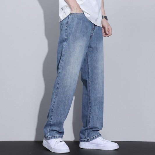 Fleece-lined American-style retro men's straight-leg high street pants by Ancient Energy, showcasing a classic fit and warm lining.