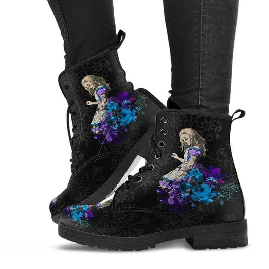 Gothic print vegan leather combat boots with chunky soles and lace-up design from Ancient Energy.