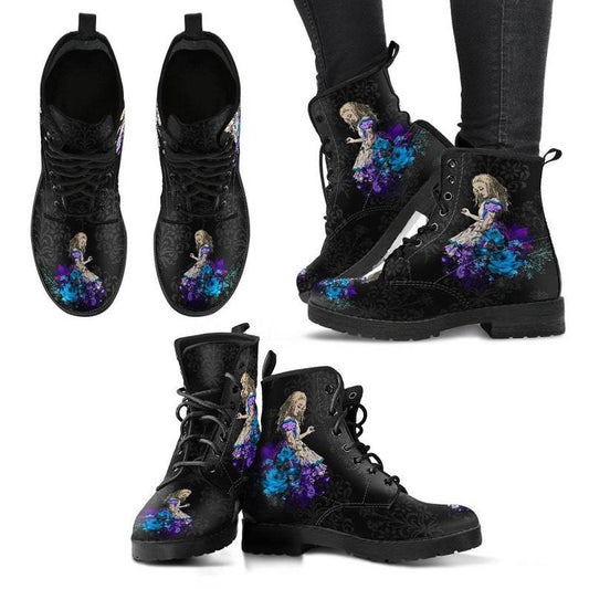 Gothic print vegan leather combat boots by Ancient Energy featuring dark, edgy design with lace-up front and chunky sole.