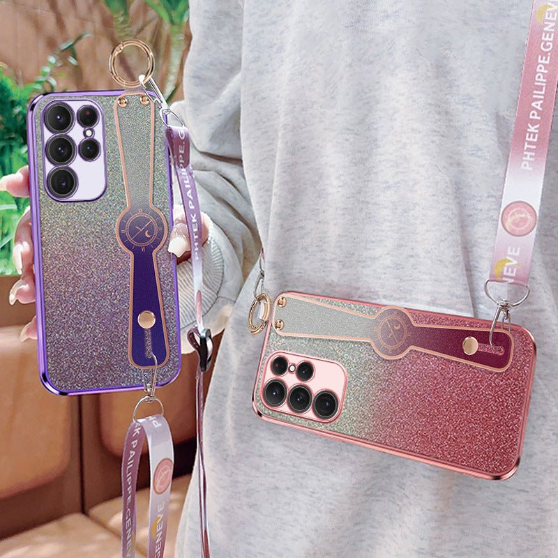 Gradient glitter wristband cross-body lanyard phone case by Ancient Energy with colorful, sparkly design and secure phone protection.