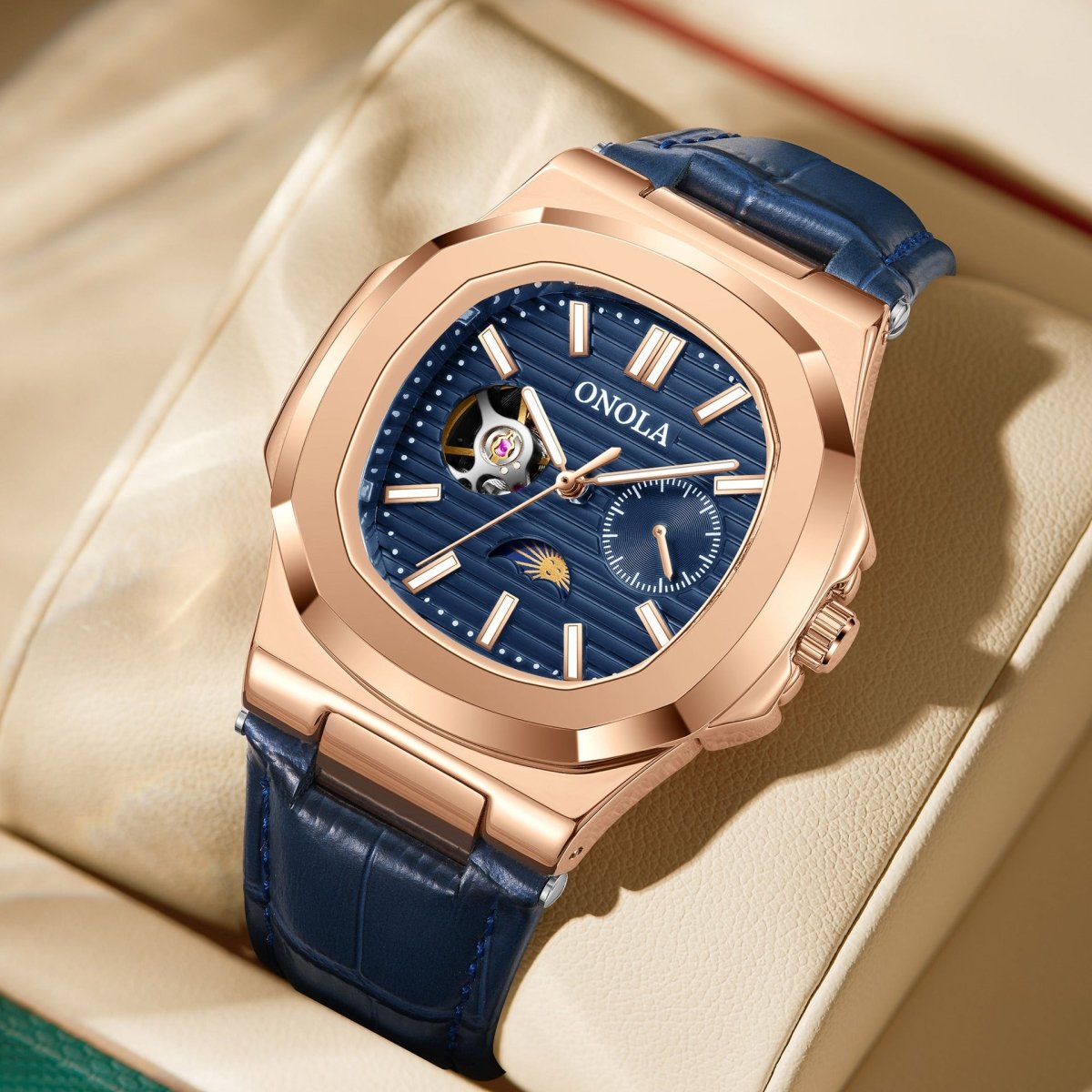 Ancient Energy mechanical watch with sun, moon, and stars design, waterproof leather strap, showcasing intricate celestial details.