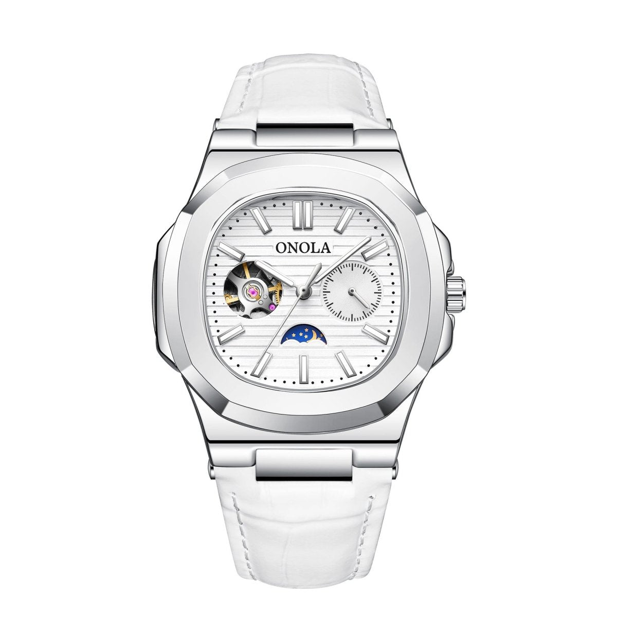Ancient Energy mechanical watch with sun, moon, and stars design, waterproof leather strap, showcasing intricate dial details.